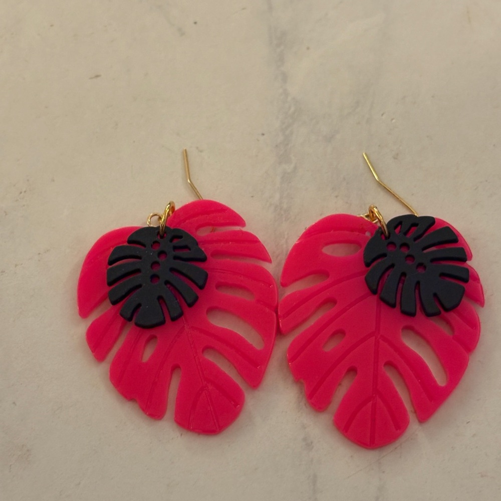 Pink and Black Leaf Earrings - Lightweight!